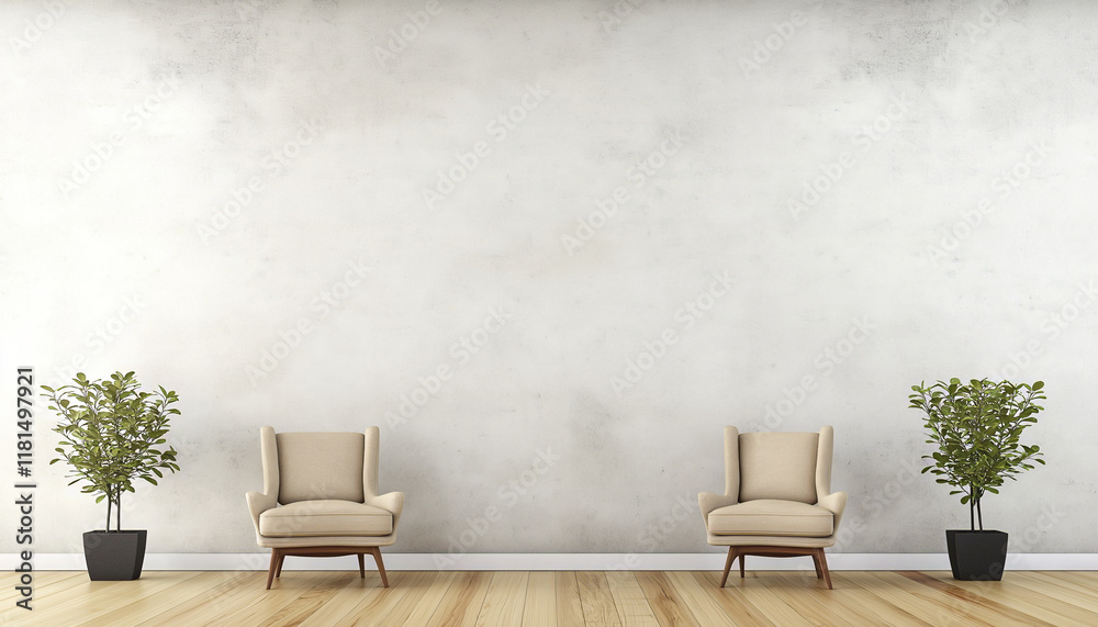 Minimalistic Interior Design Featuring Two Armchairs with Green Potted Plants Against Neutral Wall and Wooden Flooring Minimalistic Interior Design Featuring Two Armchairs with Green Potted Plants Against Neutral Wall and Wooden Flooring