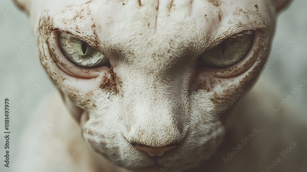 Fototapeta premium Closeup of a Sphynx cats face isolated on a seamless white background highlighting its unique features and sharp expressive eyes