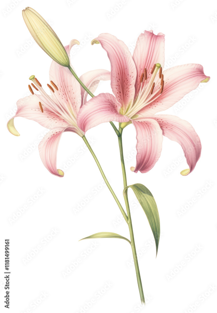 Obraz premium PNG Soft pink Lily branch lily illustration botanical.
