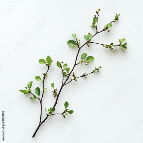 A minimalist branch with fresh green leaves and small buds on a clean white background. Perfect for natural, botanical, or minimalist design themes.