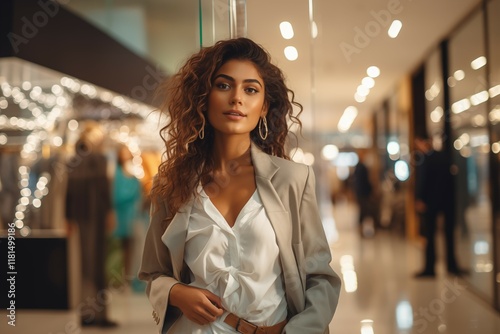 A beautiful dark-haired woman wearing stylish clothes in a shopping mall