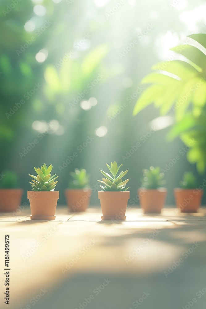 Fototapeta premium Miniature Succulents, Sunshine, and Tranquility Serene Green Oasis for Wellness and Growth