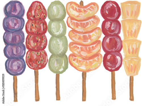 Tanghulu dessert fruit sugar candy hand drawn watercolor illustration clipart