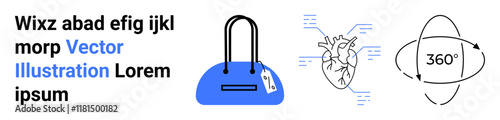 Blue shopping bag with price tag, anatomical heart diagram with electric signals, and 360-degree rotational arrows. Ideal for e-commerce, medical education, technology, virtual reality, innovation