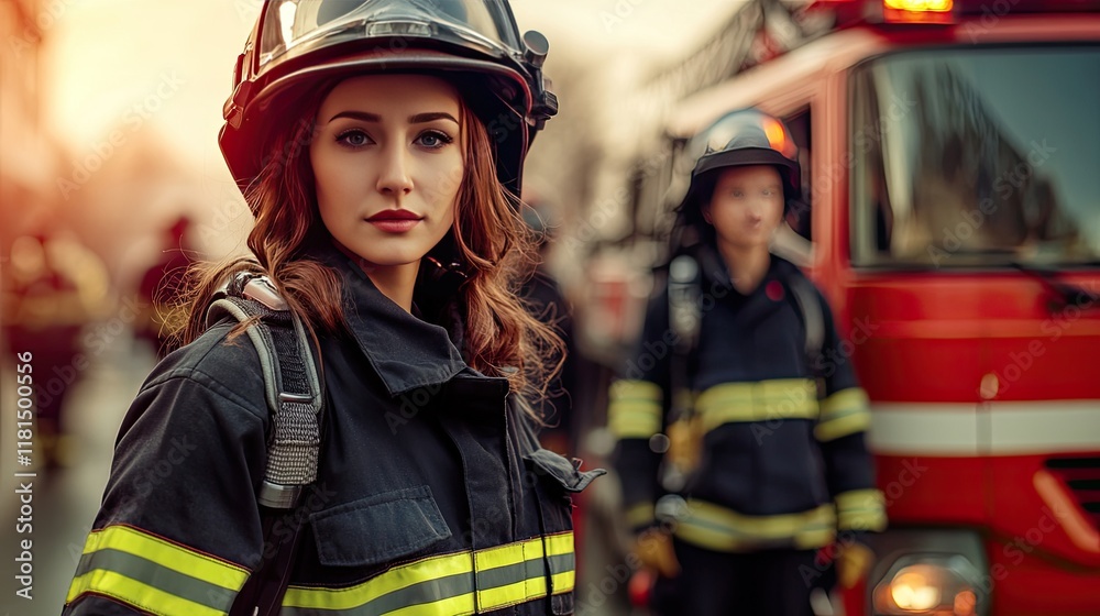 A powerful female firefighter in uniform, standing in front of a firetruck with her team, representing bravery and dedication A powerful female firefighter in uniform, standing in front of a firetruck with her team, representing bravery and dedication