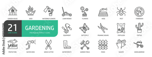 Set Of Gardening Line Icons. The set includes a Flowers, Hose, Seed, Pest, Pruning Shears, Fertilizer, Lawn Mower, Grass Cutter, Garden Tools, Wheelbarrow, and more.