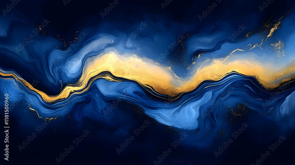 Blue Gold Abstract Art, Fluid Painting, Ink Blue Gold Abstract Art, Fluid Painting, Ink