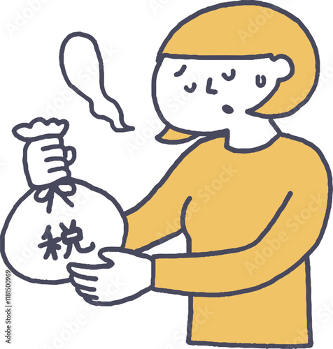 ため息をつきながら税金を納める若い女性単色