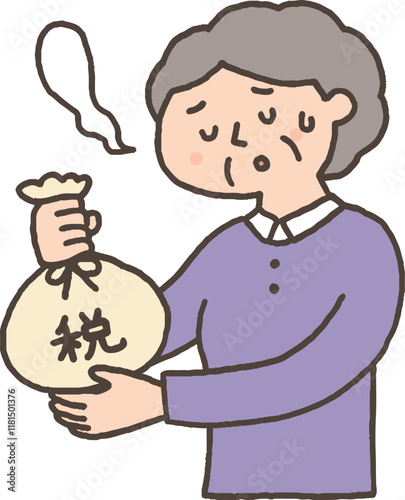 ため息をつきながら税金を納めるシニア女性