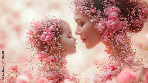 Mother and daughter faces adorned with pink flowers, expressing tender family connection
