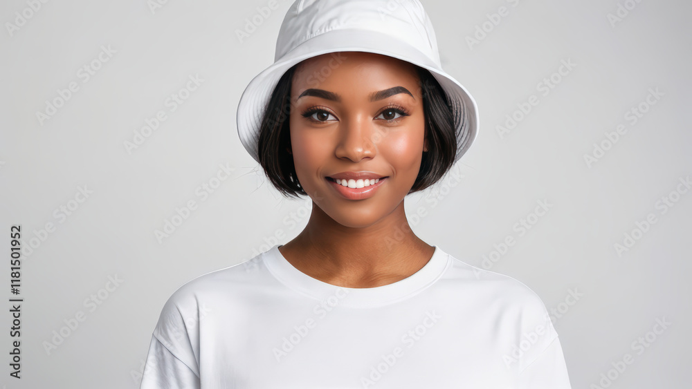 Young black woman with short hair wearing white t-shirt and white bucket hat isolated on grey background Young black woman with short hair wearing white t-shirt and white bucket hat isolated on grey background