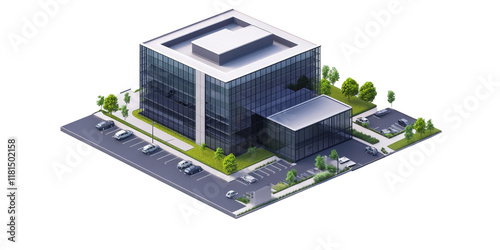 Isometric View of a Modern Office Building with Parking Lot and