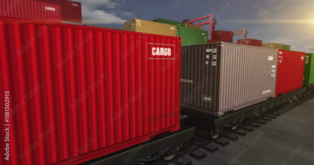 Cargo transport import export containers on a freight wagons loop. Business concept of railway train transport and shipping with a International trade. 3D loopable and seamless animation. Cargo transport import export containers on a freight wagons loop. Business concept of railway train transport and shipping with a International trade. 3D loopable and seamless animation.