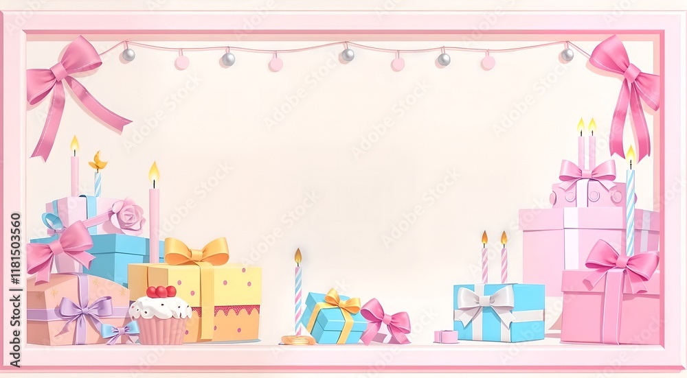 Fototapeta premium A pastel-colored frame with free space for text, consisting of a variety of birthday cakes, candles, gift boxes with large bows, birthday, birthday party scene with cake, gifts and decorations in pink
