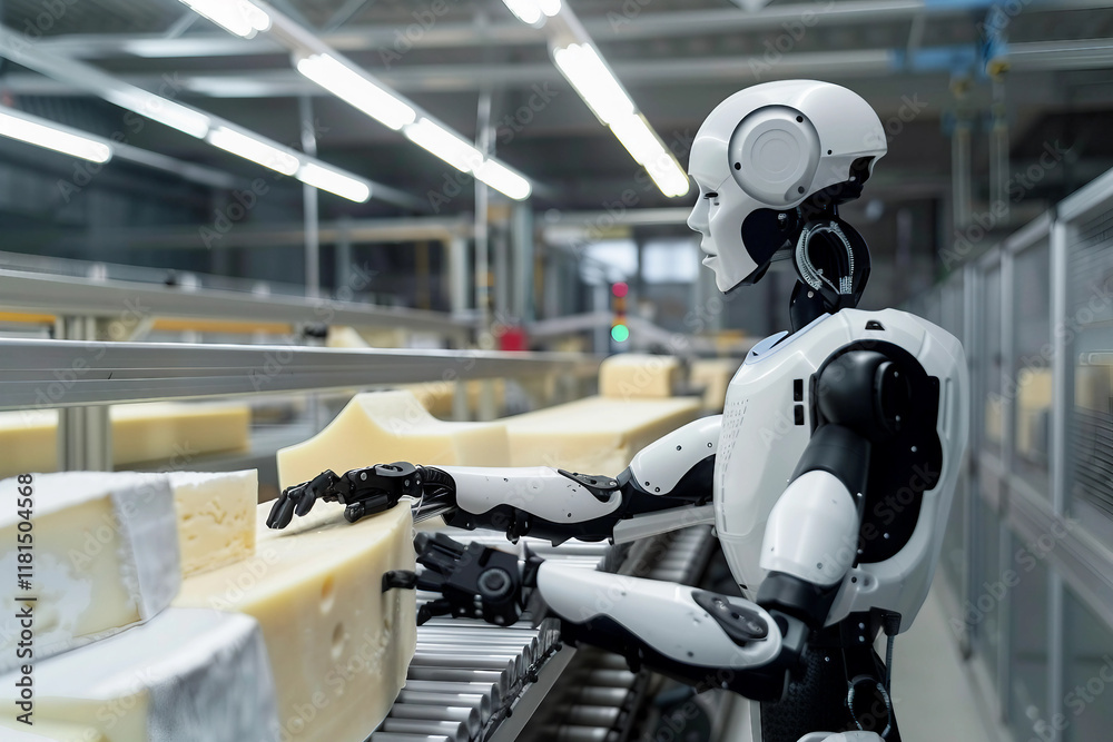 Generative AI Illustration of a Robot Automating Cheese Production in a Modern Factory Setting Generative AI Illustration of a Robot Automating Cheese Production in a Modern Factory Setting