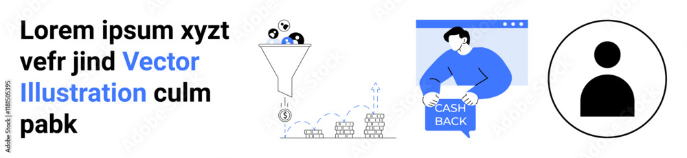 Funnel with people and coins flowing through, bar chart, person holding Cashback sign, user icon. Ideal for marketing, finance, eCommerce, user engagement, branding, customer loyalty, business Funnel with people and coins flowing through, bar chart, person holding Cashback sign, user icon. Ideal for marketing, finance, eCommerce, user engagement, branding, customer loyalty, business