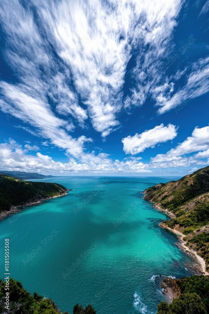 Fototapeta premium Puffy white clouds drifting over a turquoise ocean, casting shadows on the water,