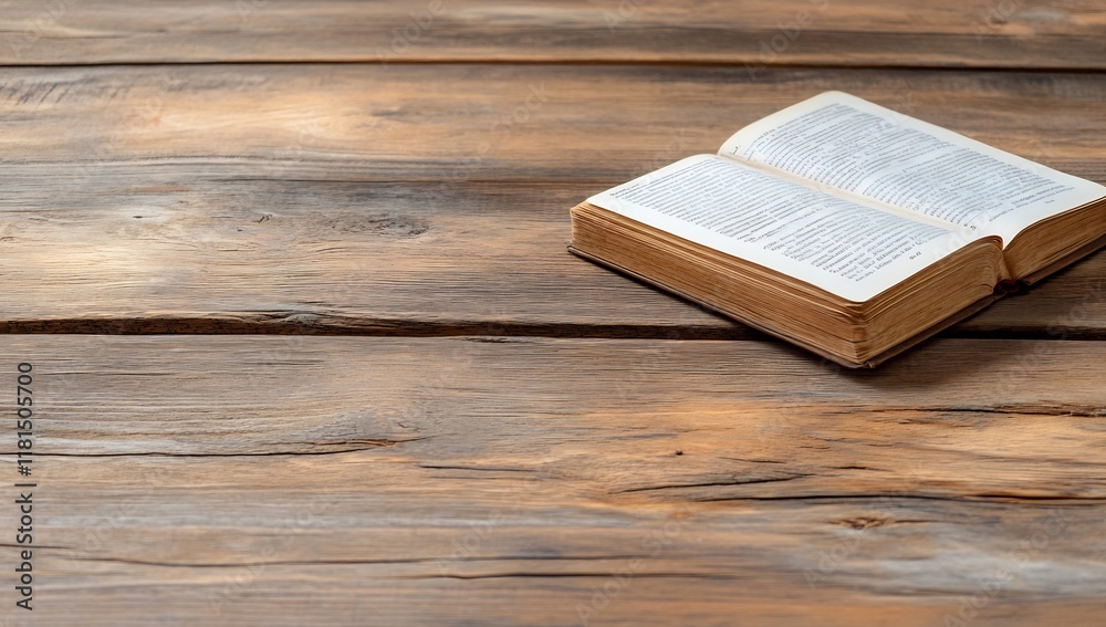 An open book resting on a wooden surface, inviting reading and reflection. An open book resting on a wooden surface, inviting reading and reflection.