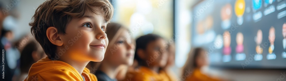 A young boy watches with curiosity as others engage with a digital screen, highlighting an interactive learning environment. A young boy watches with curiosity as others engage with a digital screen, highlighting an interactive learning environment.