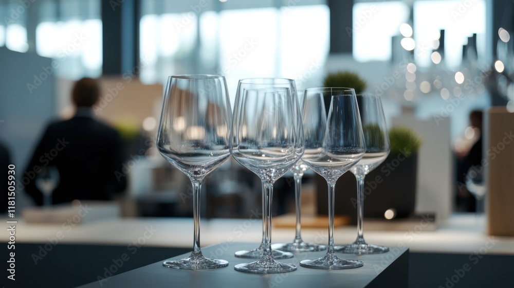 Elegant Glassware Display at Modern Event Venue with Soft Lighting and Blurred Background of Guests Enjoying a Social Gathering Elegant Glassware Display at Modern Event Venue with Soft Lighting and Blurred Background of Guests Enjoying a Social Gathering