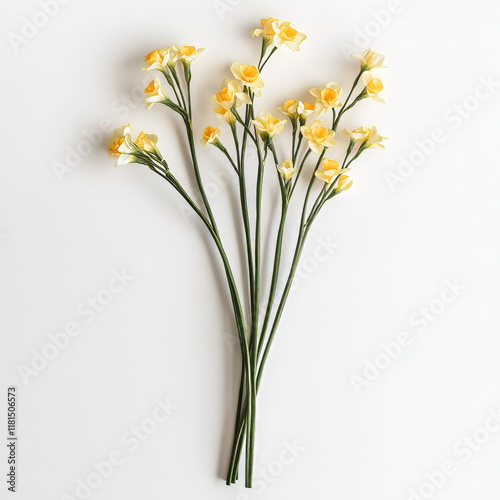 A minimalist composition featuring vibrant yellow daffodils with lush green stems on a clean white background. Perfect for spring, nature, and floral design themes. photo