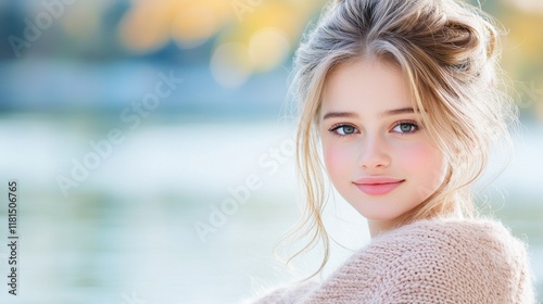 A close-up portrait of a young woman with a gentle smile, soft hair, and a cozy sweater, set against a serene, blurred natural background. photo