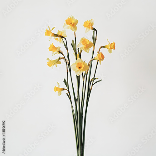 Wallpaper Mural A minimalist composition featuring vibrant yellow daffodils with lush green stems on a clean white background. Perfect for spring, nature, and floral design themes. Torontodigital.ca