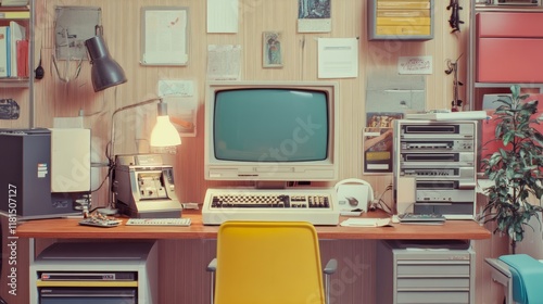 Retro workplace, study, retro computer, desk, photo of old computer, faded, vintage, old technology, the first computers, 1980s, 1990s, busy desk, messy, cluttered, workspace, office, home office