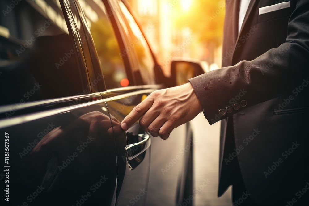 Businessman is opening car door on a city street Businessman is opening car door on a city street