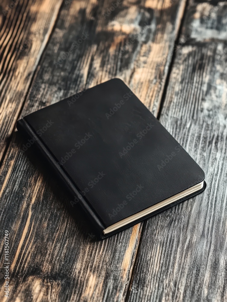 A black notebook sits on a rustic wooden table. Its smooth cover contrasts with the textured wood beneath, offering ample copy space for notes or creative designs A black notebook sits on a rustic wooden table. Its smooth cover contrasts with the textured wood beneath, offering ample copy space for notes or creative designs