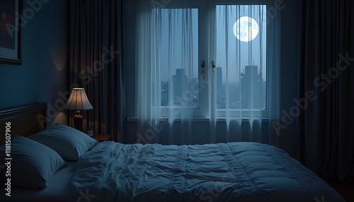 Serene bedroom with illuminated window and full moon causing sleep disruptions at night