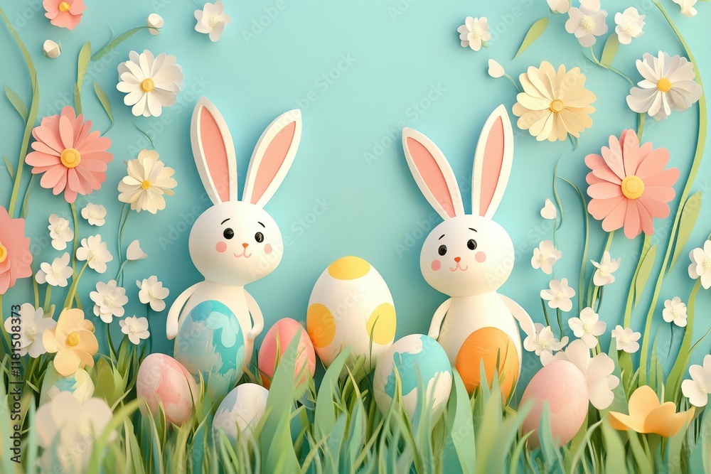 Obraz premium Two Easter Bunnies Amongst Spring Flowers and Eggs