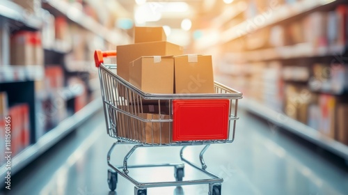 Shopping trolley, shopping cart, shopping concept, shopping mall photo, copy space, groceries, product, for sale, buy, sell, conceptual