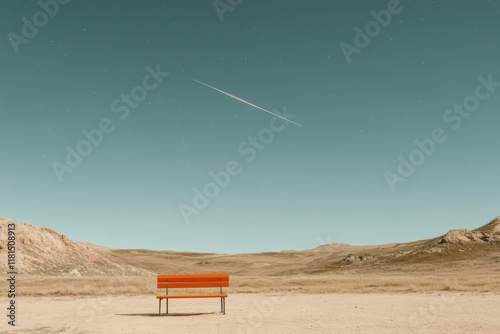 A magnificent shooting star streaks through the tranquil desert sky, casting a fleeting glow over the serene terrain while a solitary bench waits patiently beneath its trail photo