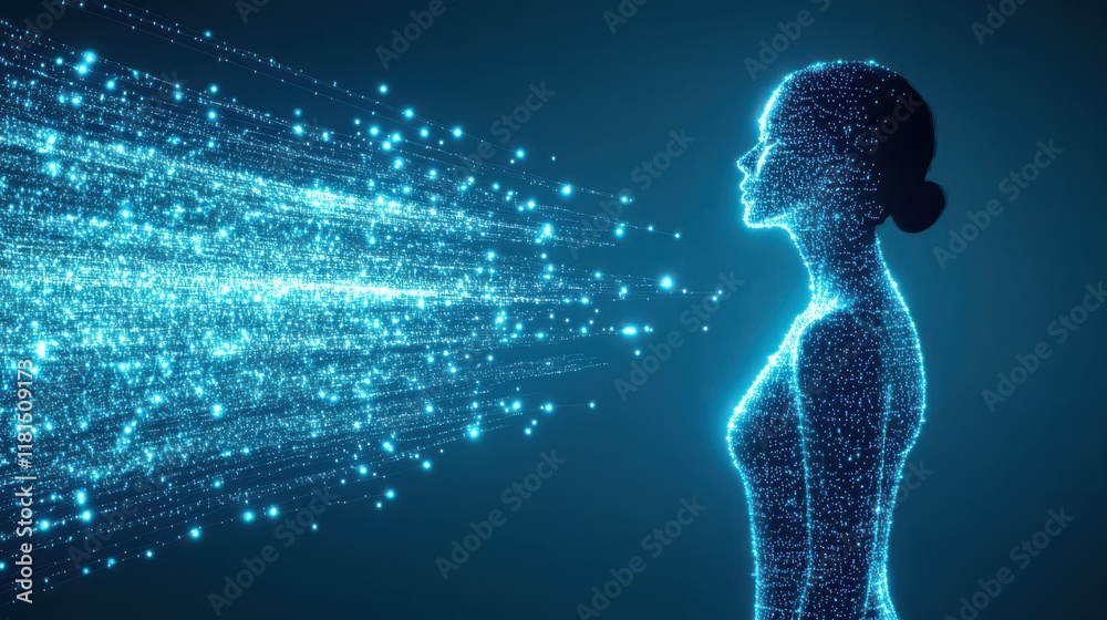 A digital silhouette of a woman emits glowing particles, symbolizing technology, innovation, and the fusion of humanity with data. A digital silhouette of a woman emits glowing particles, symbolizing technology, innovation, and the fusion of humanity with data.