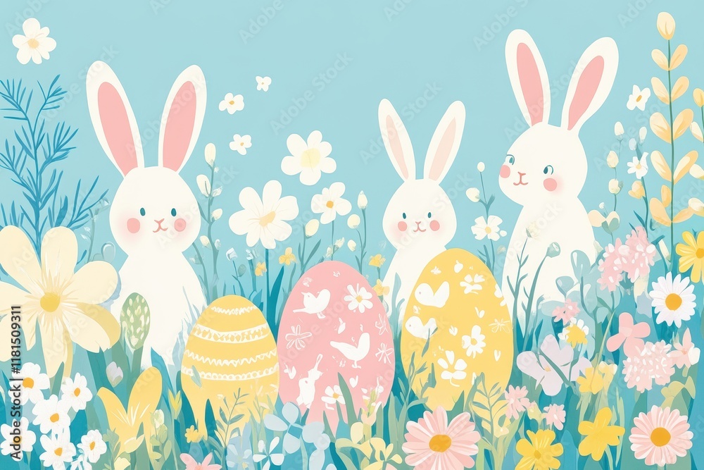 Easter Bunnies Amidst Spring Flowers and Eggs Easter Bunnies Amidst Spring Flowers and Eggs