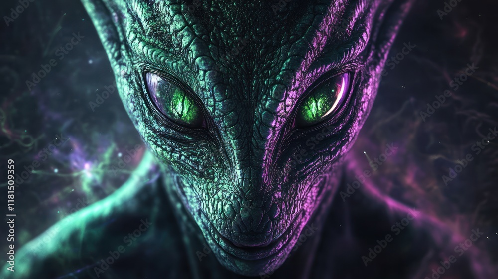 Fototapeta premium Close-up of a reptilian alien with glowing eyes against a cosmic backdrop.