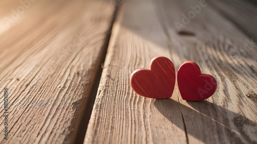 Two Red Wooden Hearts on Rustic Wooden Planks Romantic Symbol of Love and Affection bluer background cover banner