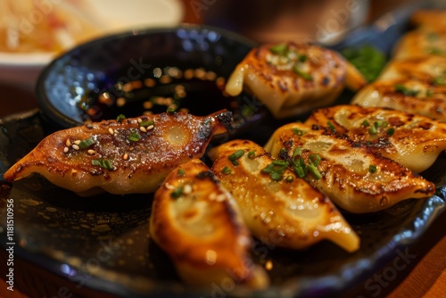 Delicious Pan Fried Dumplings on a Plate photo