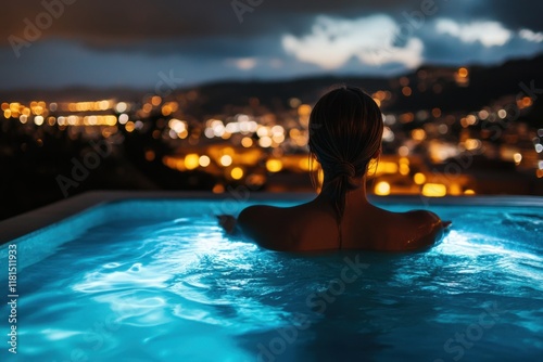 A serene nighttime swimming experience in a rooftop infinity pool city skyline relaxation imagery urban environment tranquil viewpoint concept of night swimming photo