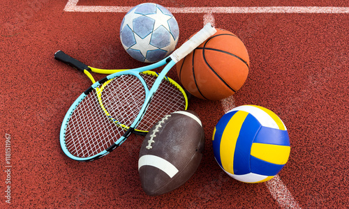 Group of sports equipment on the sports field photo