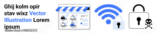 Online storefront with security icons such as padlock and wireless signal. Ideal for e-commerce, cybersecurity, online shopping safety, data encryption, secure transactions, and digital locks