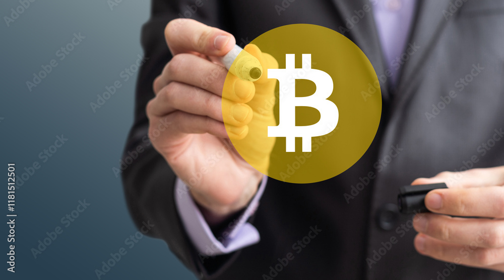 Close up of businessman hand pointing at golden bitcoin arrow and index on dark background. Cryptocurrency and financial growth concept Close up of businessman hand pointing at golden bitcoin arrow and index on dark background. Cryptocurrency and financial growth concept