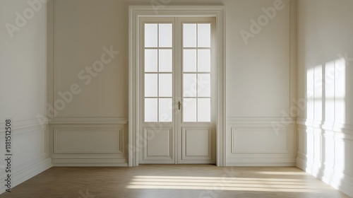 A French door with clear glass panes and a white trim, leading to an empty room.