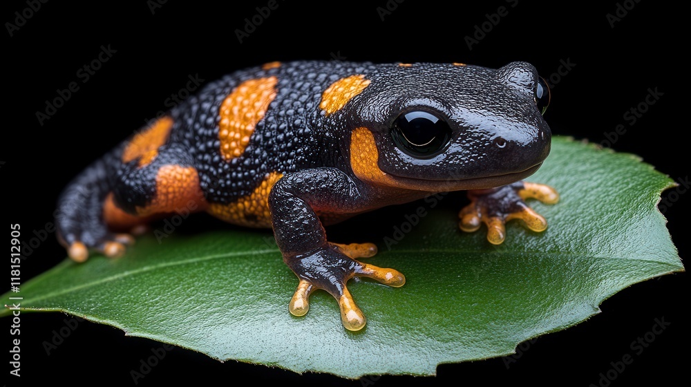 Obraz premium Close-up of a vibrant orange and black frog perched on a green leaf against a black background.