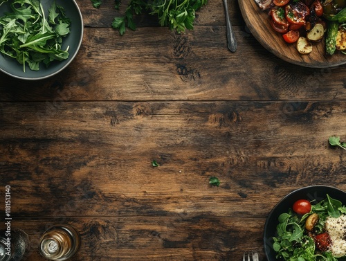 Fresh Ingredients on a Wooden Table Overhead View photo