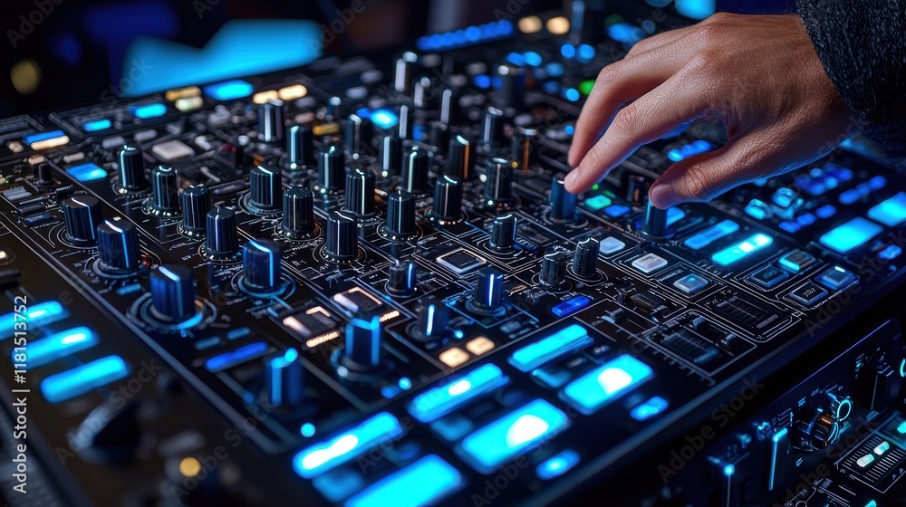 Obraz premium Dj adjusting glowing eq slider close-up nightclub setting digital music equipment high-tech environment focused viewpoint music production concept for enhanced engagement