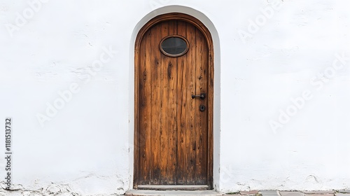 A tall, wooden door with a small, round window at the top, against a white wall.
