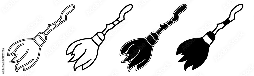 Black and white illustration of a broom. Broom icon collection with line. Stock vector illustration. Black and white illustration of a broom. Broom icon collection with line. Stock vector illustration.
