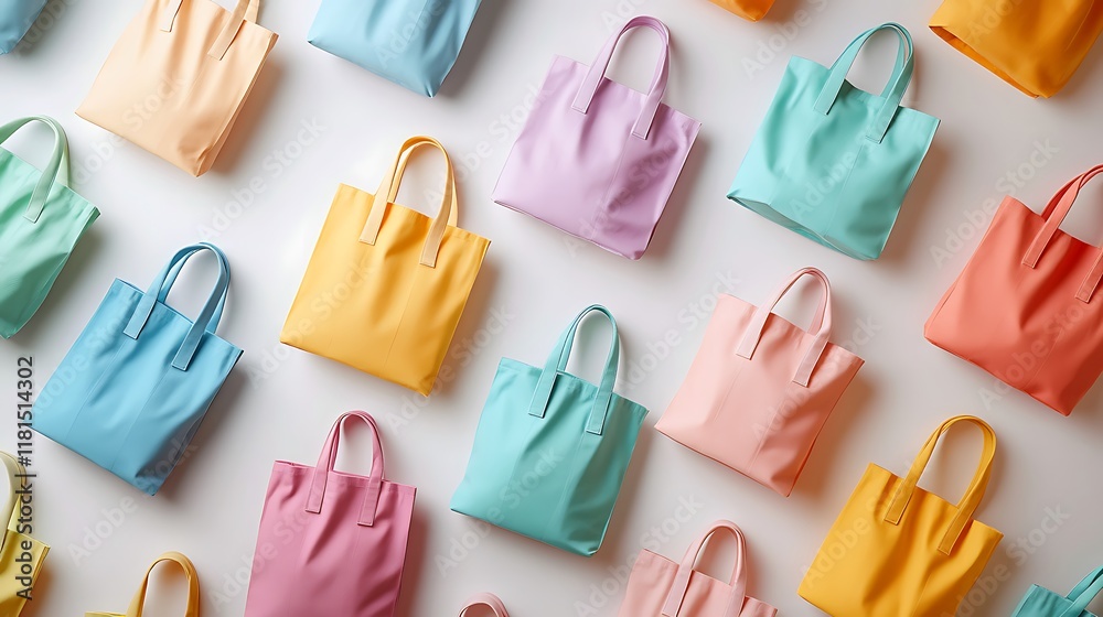 Naklejka premium Collection of branded tote bags in pastel colors isolated on a seamless white background perfect for ecofriendly campaign visuals